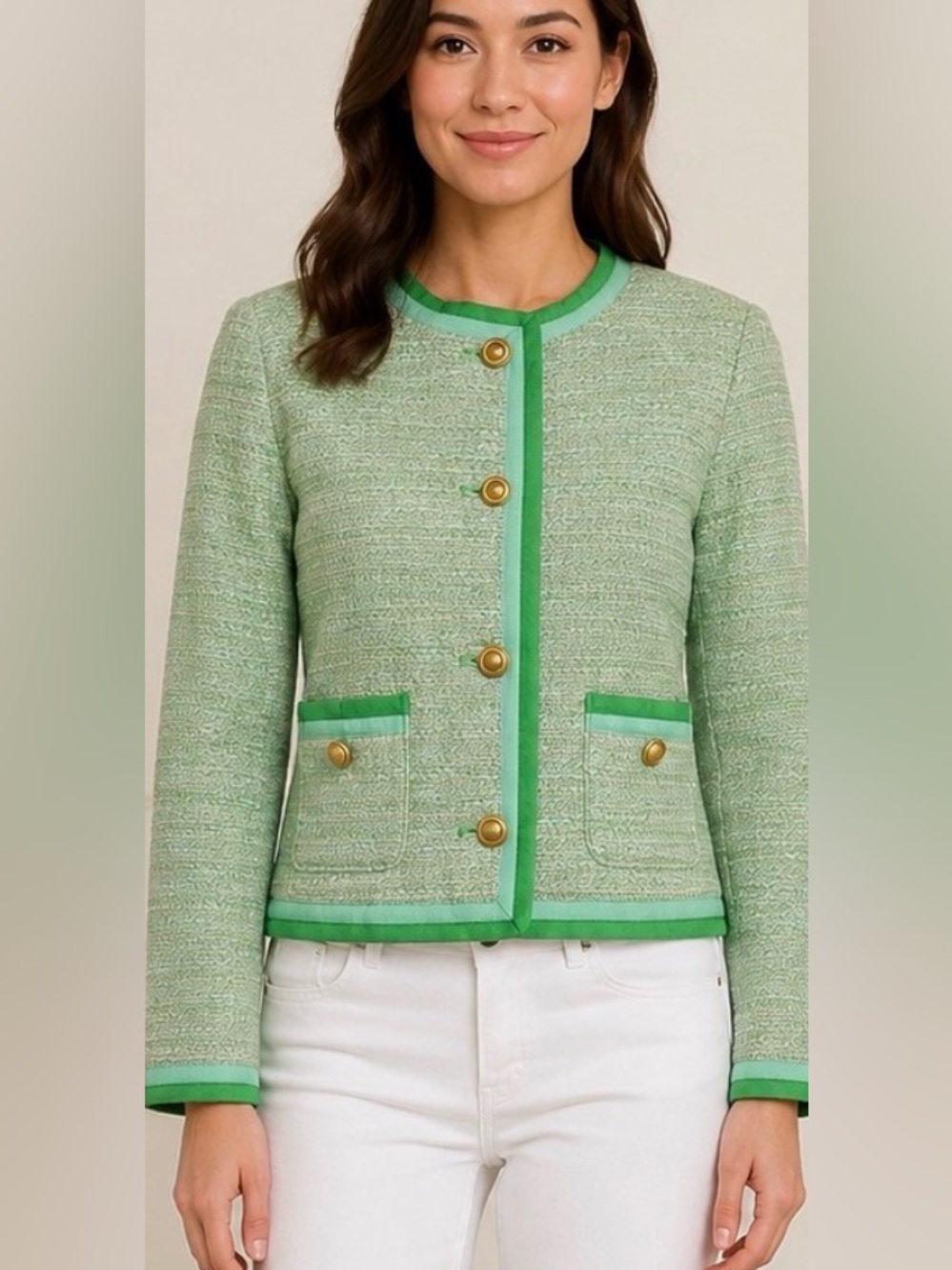J. Crew Light Green Tweed Jacket with Bright Green Trim